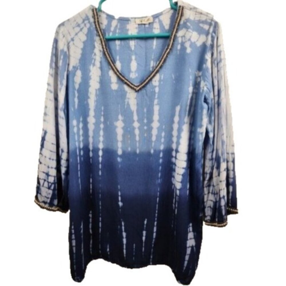 Boho Me Womens BOHO‎ Hippie Tunic Top Medium Blue Tie Dye Beaded 3/4 Sleeve